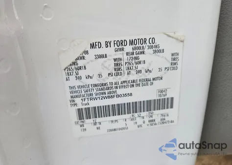 2008 Ford F150 Supercrew z USA, uszkodzony, nr VIN 1FTRW12W88FB03558